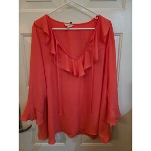 Max Studio Coral Ruffle‎ Neck Long Sleeve Blouse Top Size L